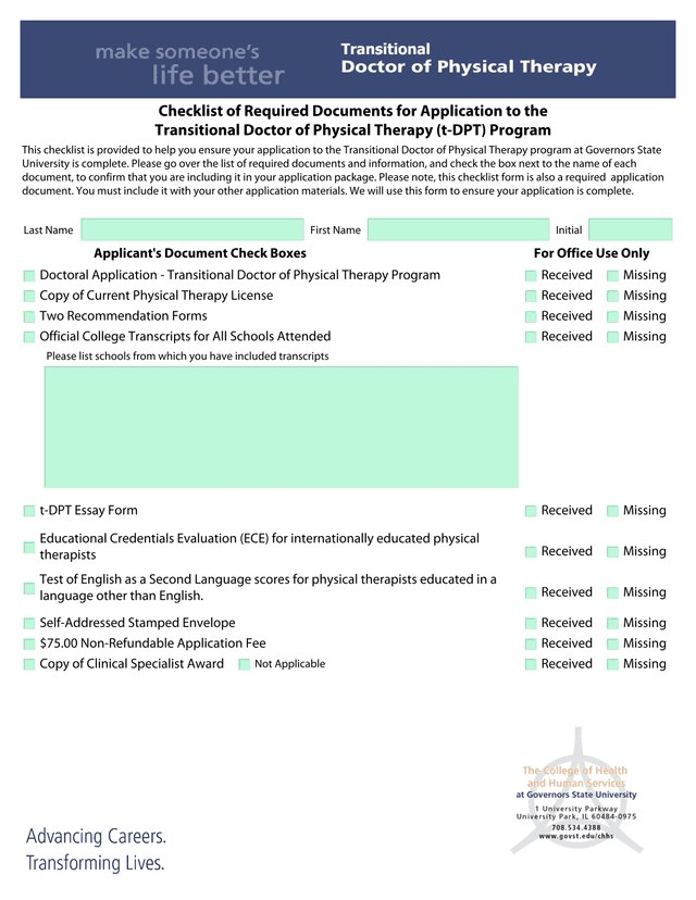 Checklist Of Required Documents For Application To The Transitional Doctor Of Physical Therapy (T DP screenshot