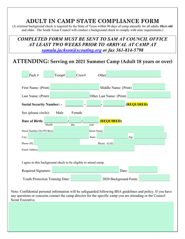 ADULT IN CAMP STATE COMPLIANCE FORM screenshot