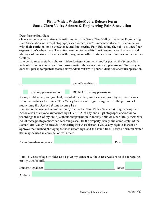 PhotoVideoWebsiteMedia Release Form screenshot