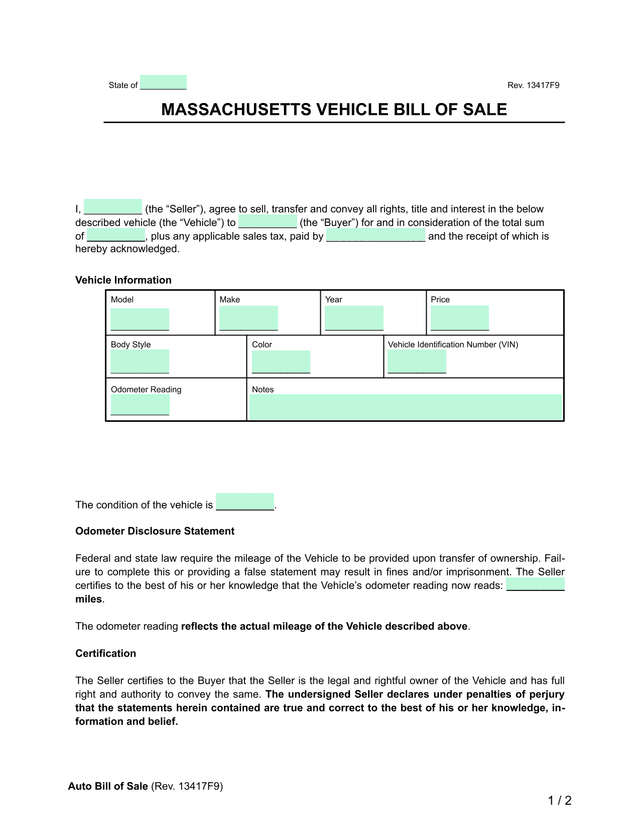 MASSACHUSETTS VEHICLE BILL OF SALE screenshot