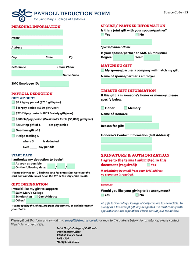 Payroll Deduction Gift Form screenshot