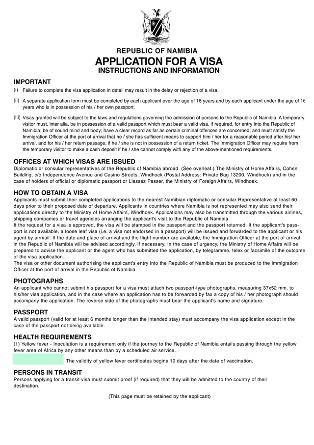 Application For A Visa   Republic Of Namibia screenshot