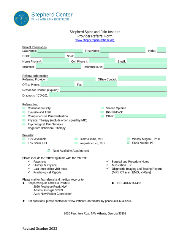 Shepherd Spine And Pain Institute Provider Referral Form screenshot