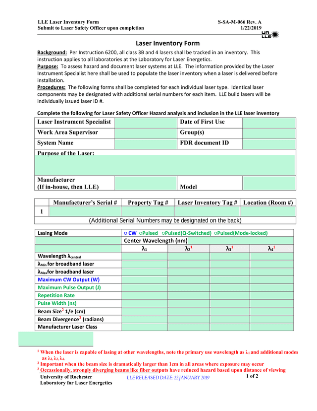 LLE Laser Inventory Form screenshot