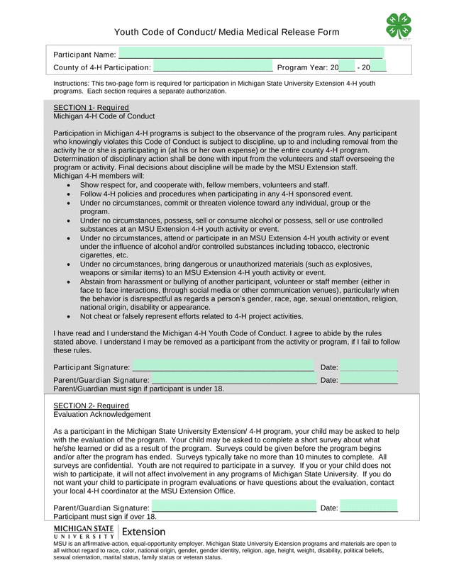 Youth Code Of Conduct Media Medical Release Form screenshot