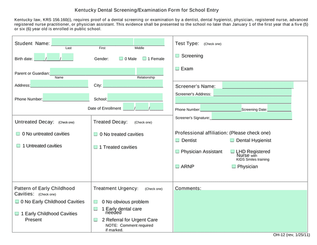 Kentucky Dental ScreeningExamination Form For School Entry screenshot