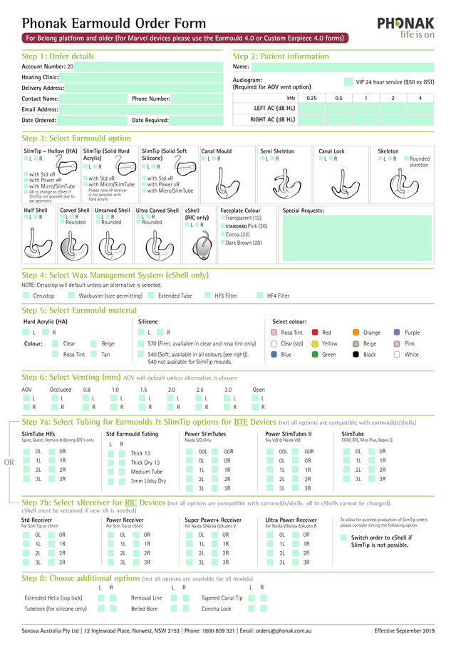 Phonak Earmould Order Form screenshot