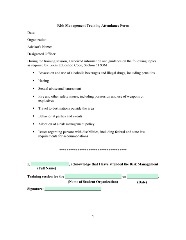 Risk Management Training Attendance Form screenshot