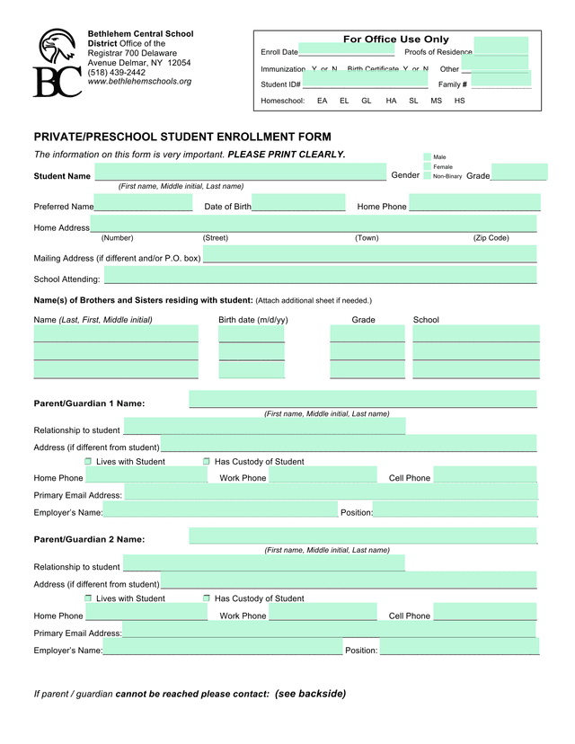PRIVATEPRESCHOOL STUDENT ENROLLMENT FORM screenshot