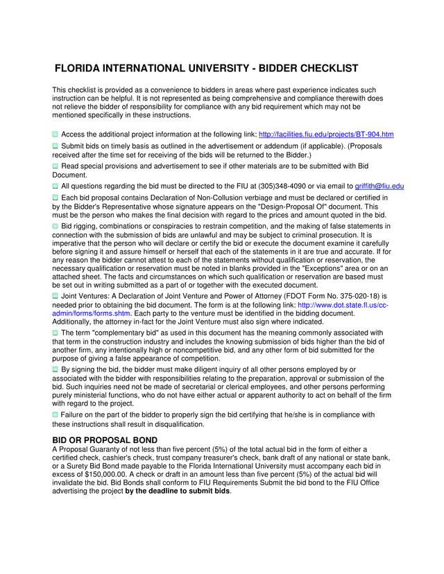 Florida International University   Bidder Checklist screenshot