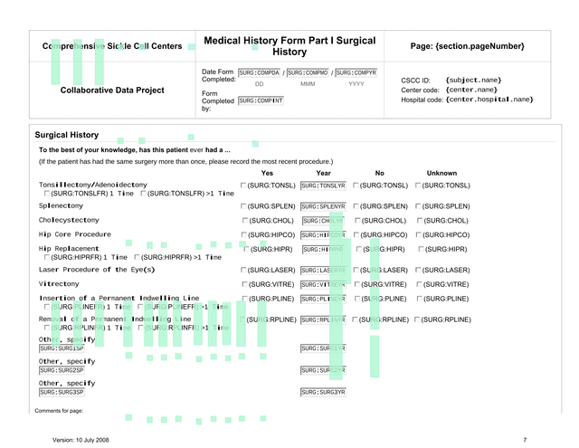 Comprehensive Sickle Cell Centers Medical History Form Part I Surgical History screenshot