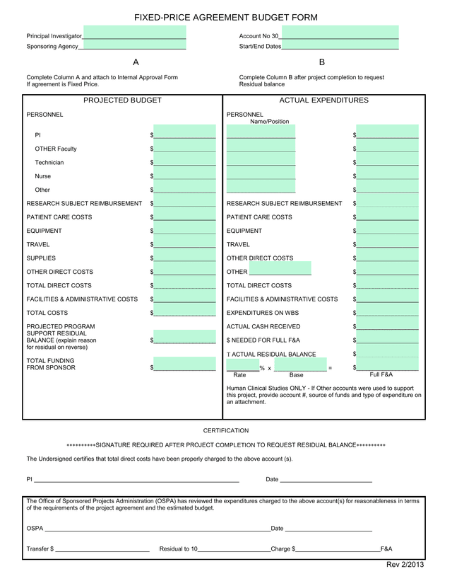 FIXED PRICE AGREEMENT BUDGET FORM screenshot