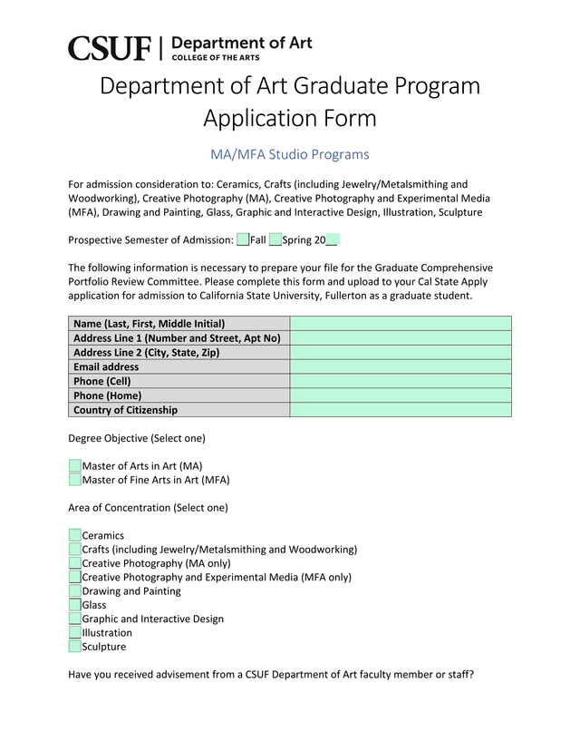 MAMFA Studio Programs Application Form screenshot