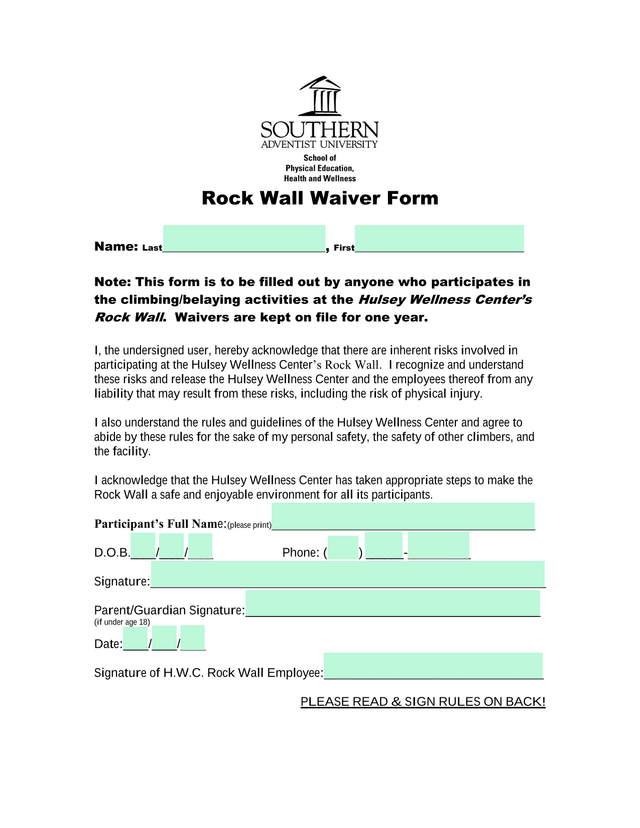 Rock Wall Waiver Form screenshot