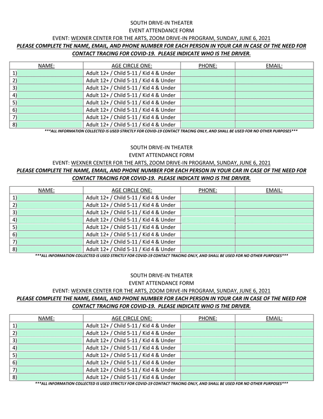 SOUTH DRIVE IN THEATER EVENT ATTENDANCE FORM screenshot