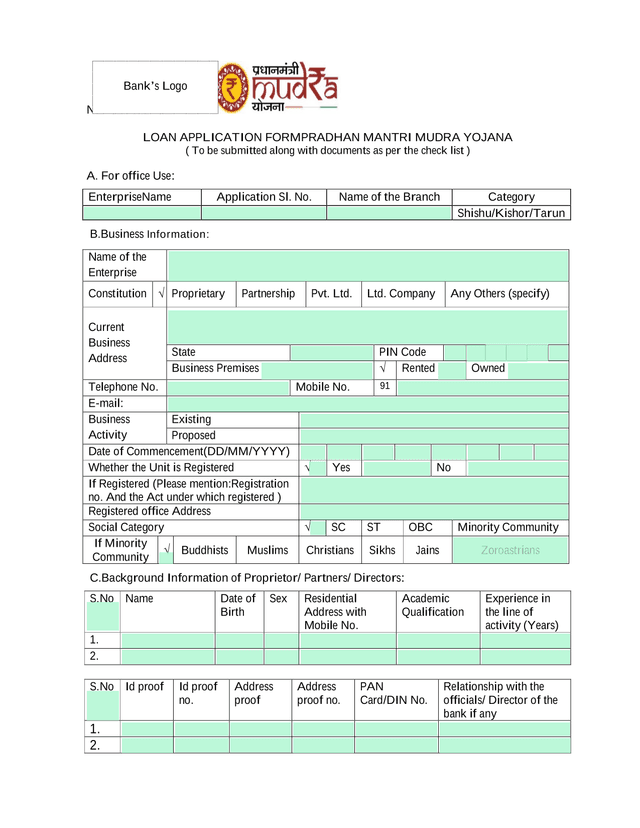 Pradhan Mantri Mudra Yojana Loan Application Form screenshot