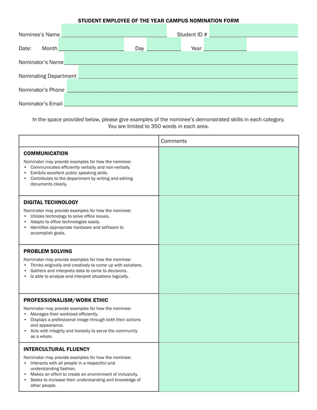 Student Employee Of The Year Campus Nomination Form screenshot