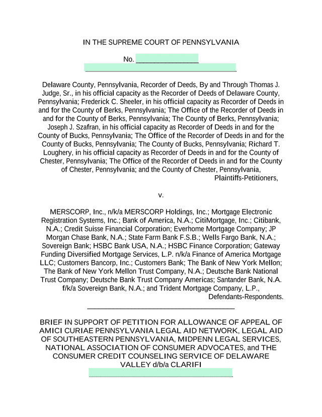 Petition For Allowance Of Appeal   Delaware County, Et Al. V. MERSCORP, Inc. screenshot