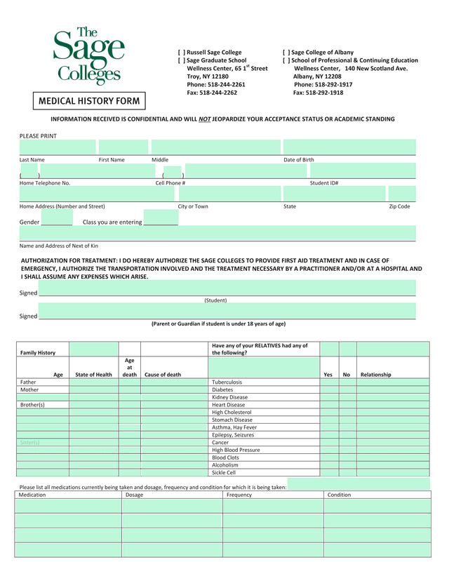 Wellness Center Health Information Form screenshot