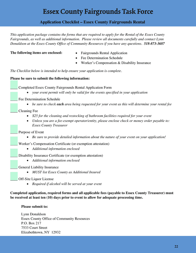 Essex County Fairgrounds Task Force Application Checklist screenshot