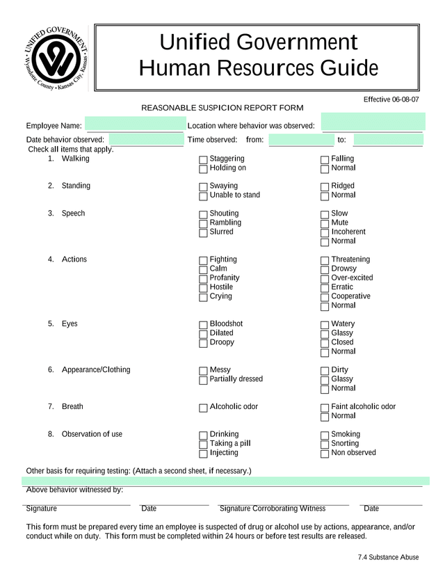 Reasonable Suspicion Report Form screenshot