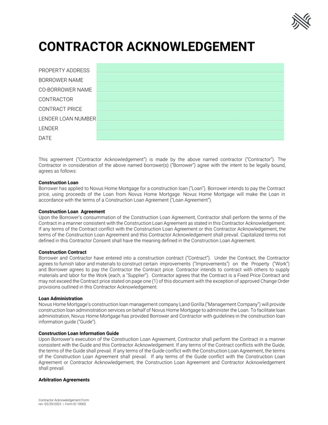 Contractor Acknowledgement Form screenshot