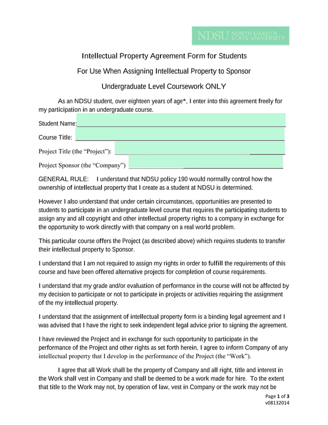 Intellectual Property Agreement Form For Students screenshot
