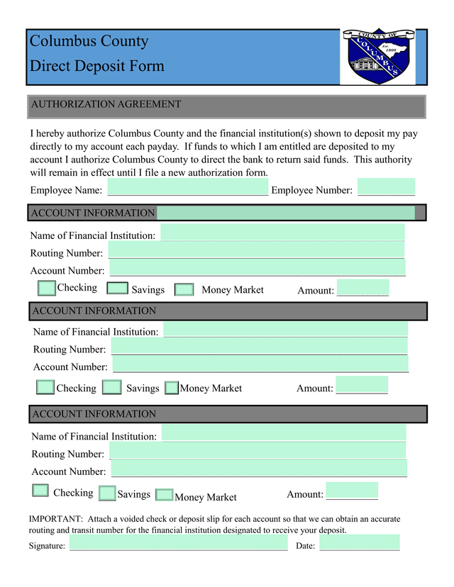 Columbus County Direct Deposit Form screenshot