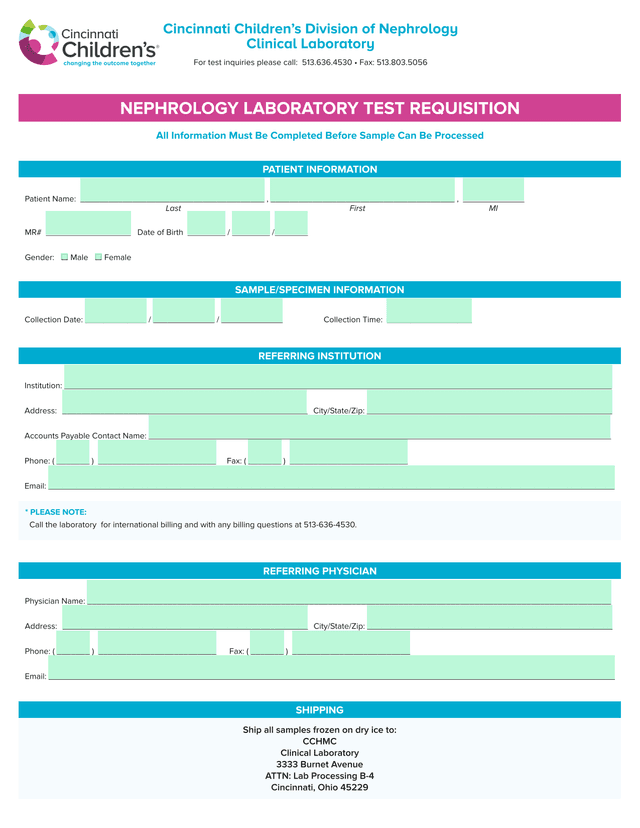 Nephrology Laboratory Test Requisition screenshot