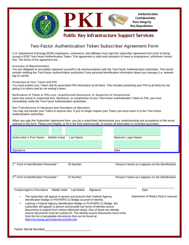 Two Factor Authentication Token Subscriber Agreement Form screenshot
