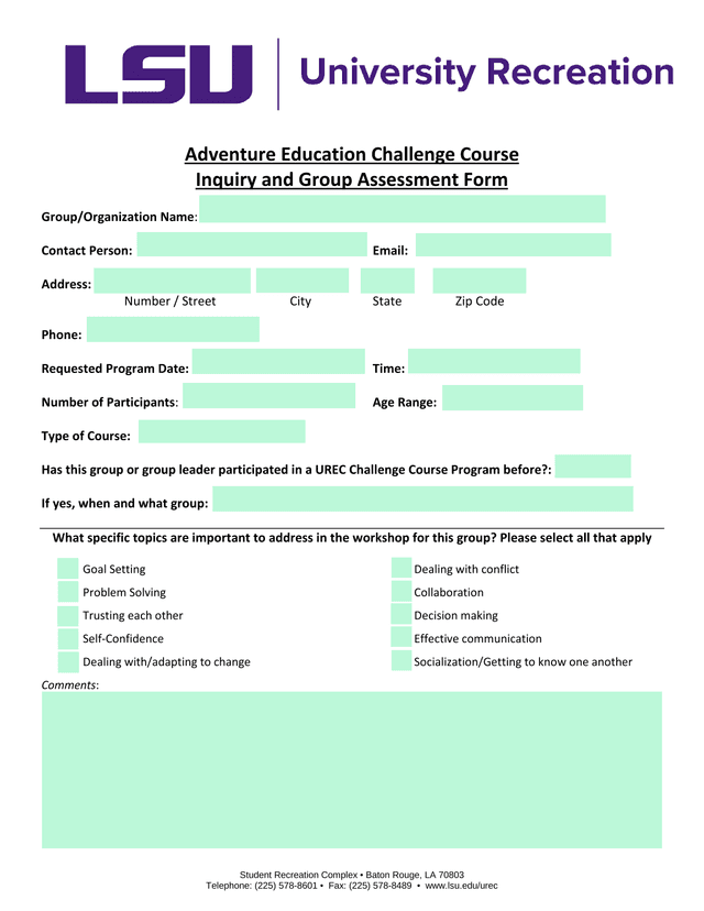 Adventure Education Challenge Course Inquiry And Group Assessment Form screenshot