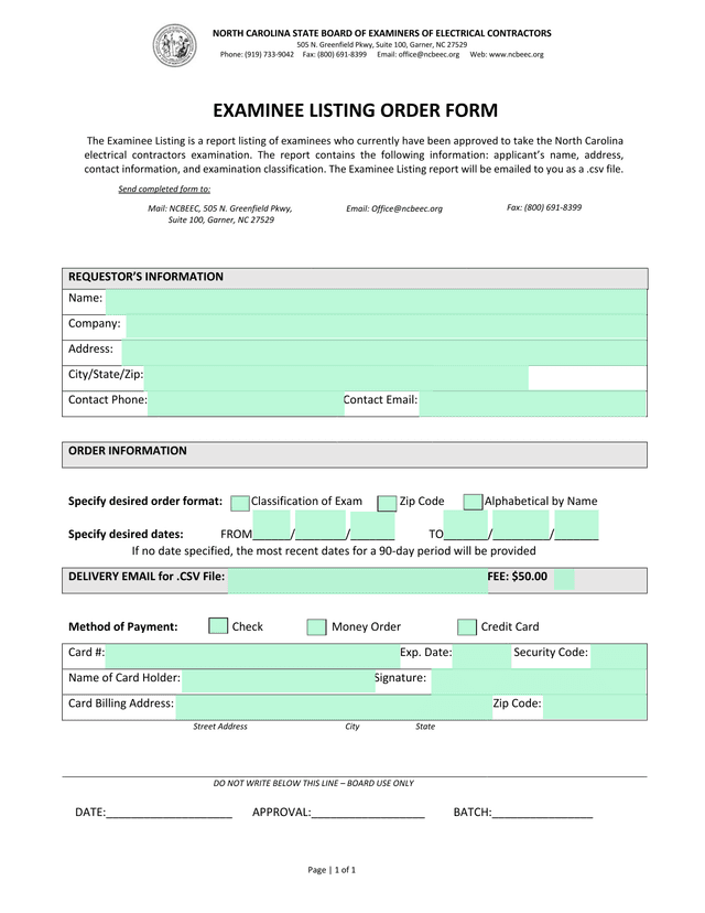 Examinee Listing Order Form screenshot