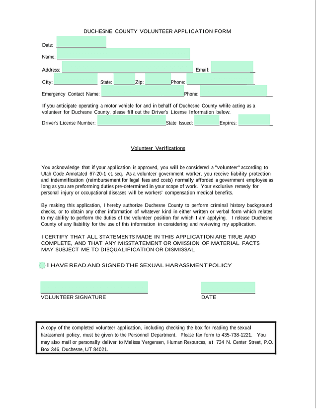 Duchesne County Volunteer Application Form screenshot
