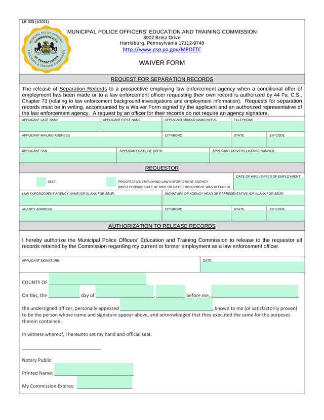 WAIVER FORM   REQUEST FOR SEPARATION RECORDS screenshot