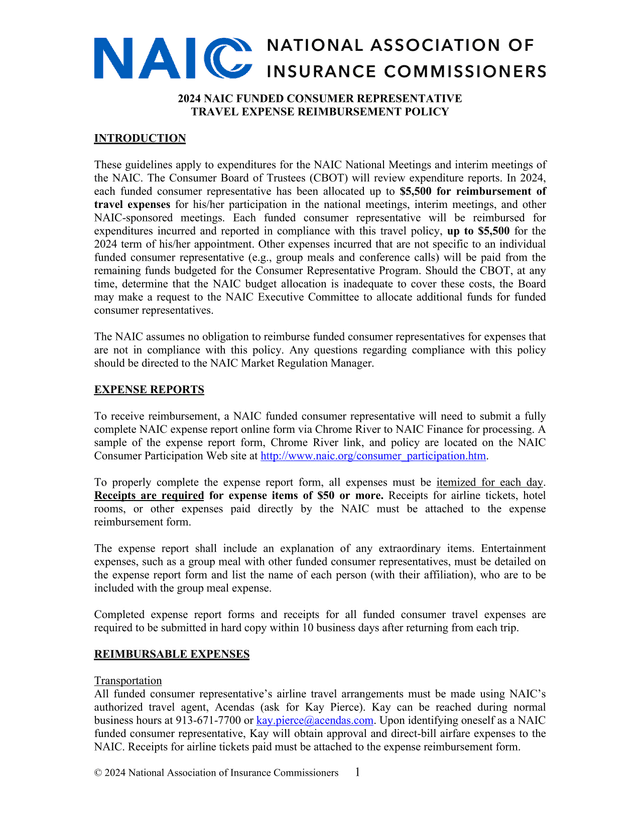 2024 NAIC Funded Consumer Representative Travel Expense Reimbursement Policy screenshot