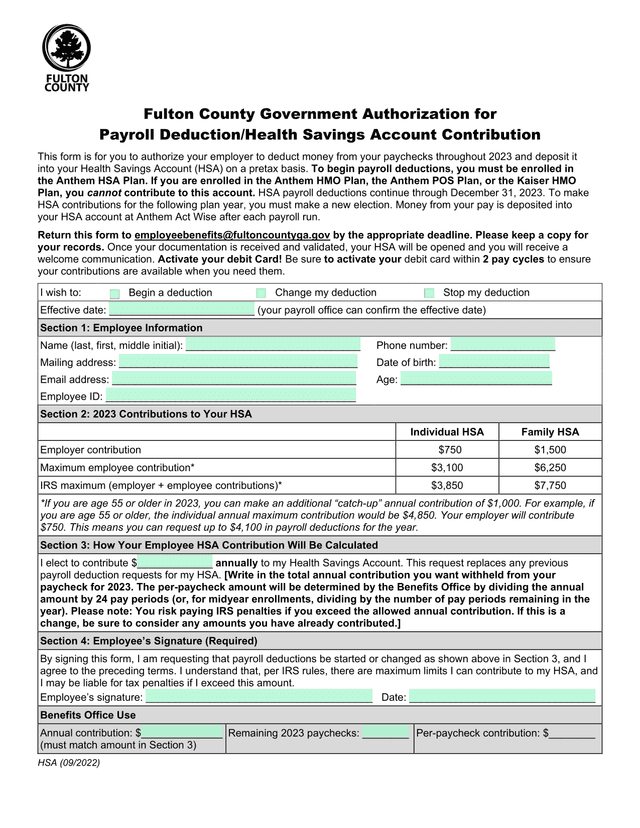Fulton County Government Authorization For Payroll DeductionHealth Savings Account Contribution screenshot