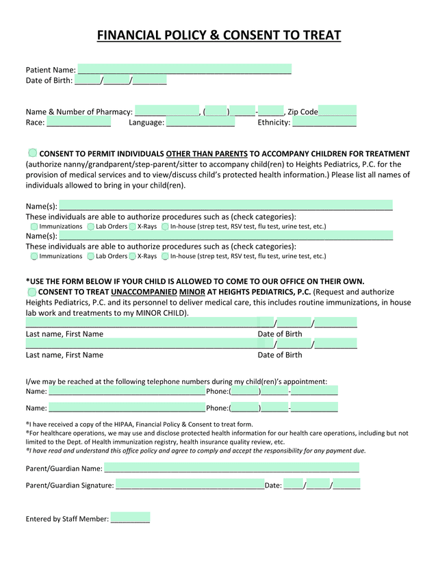Financial Policy  Consent To Treat screenshot