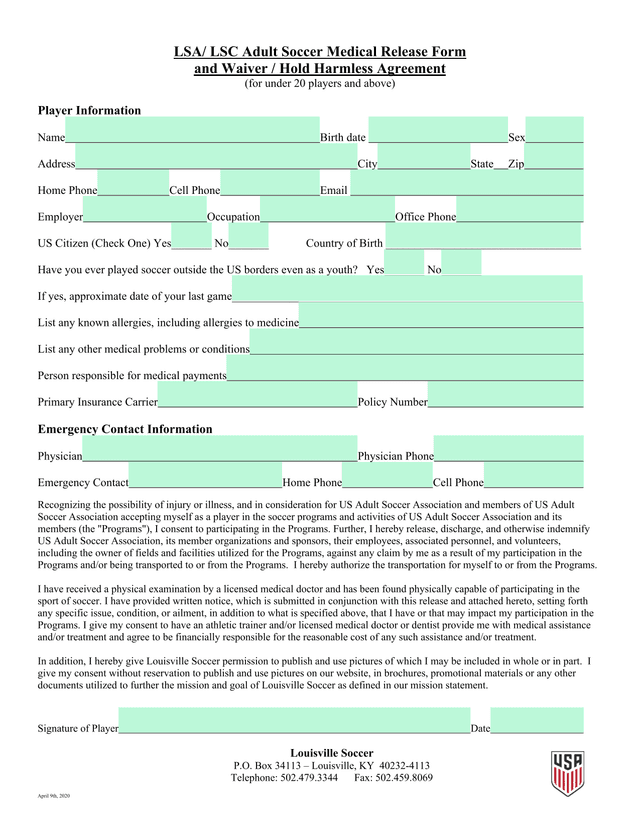LSA LSC Adult Soccer Medical Release Form And Waiver  Hold Harmless Agreement screenshot