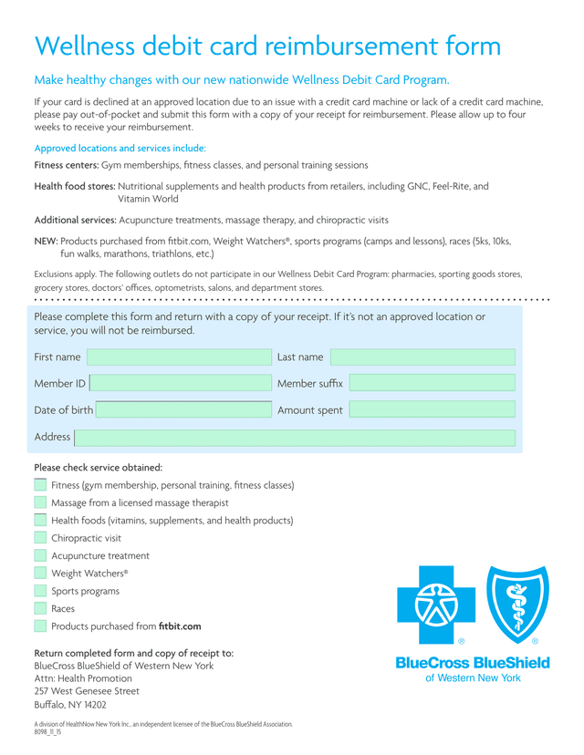 Wellness Debit Card Reimbursement Form screenshot