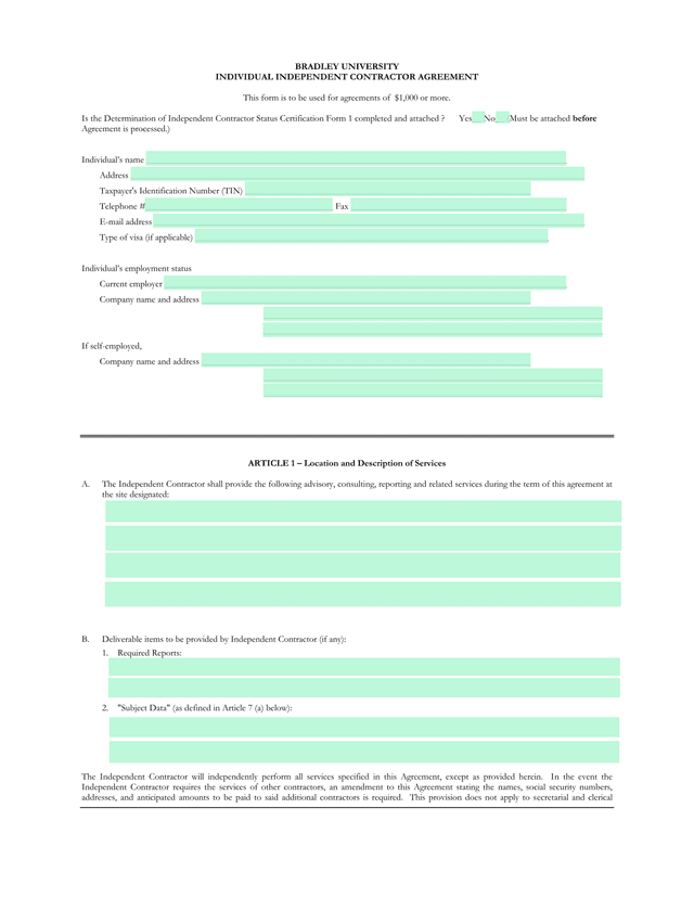 BRADLEY UNIVERSITY INDIVIDUAL INDEPENDENT CONTRACTOR AGREEMENT screenshot