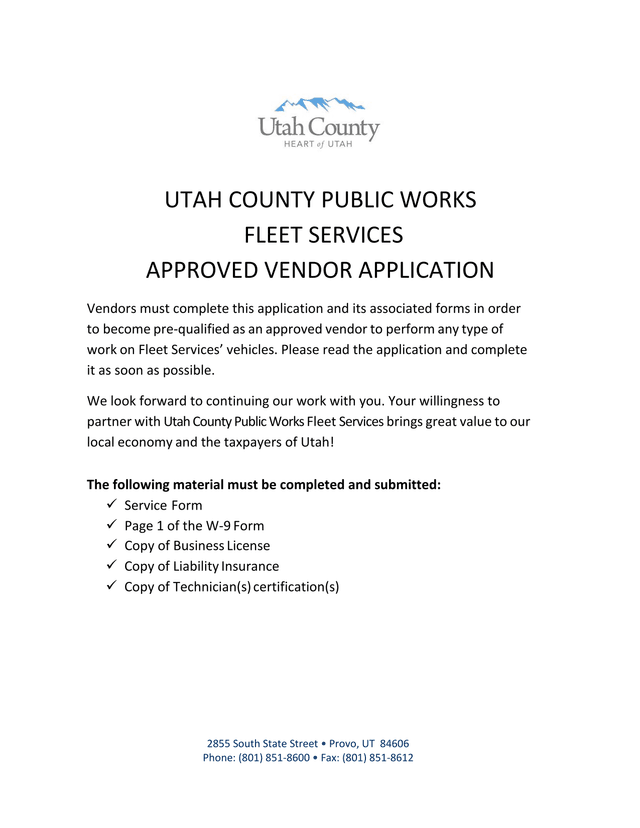 Utah County Public Works Fleet Services Approved Vendor Application screenshot
