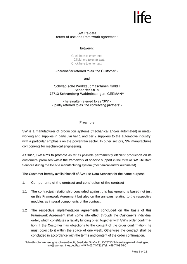 SW Life Data Terms Of Use And Framework Agreement screenshot