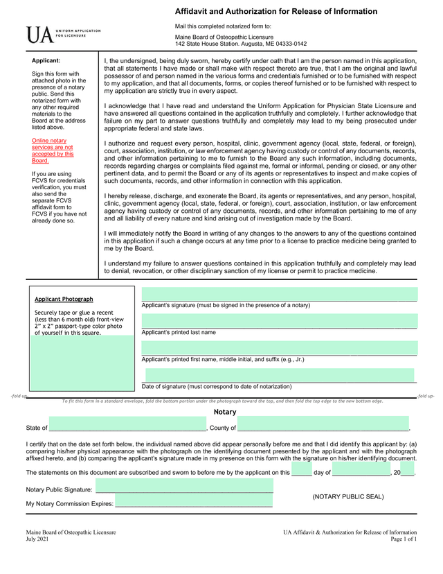 UA Affidavit  Authorization For Release Of Information screenshot