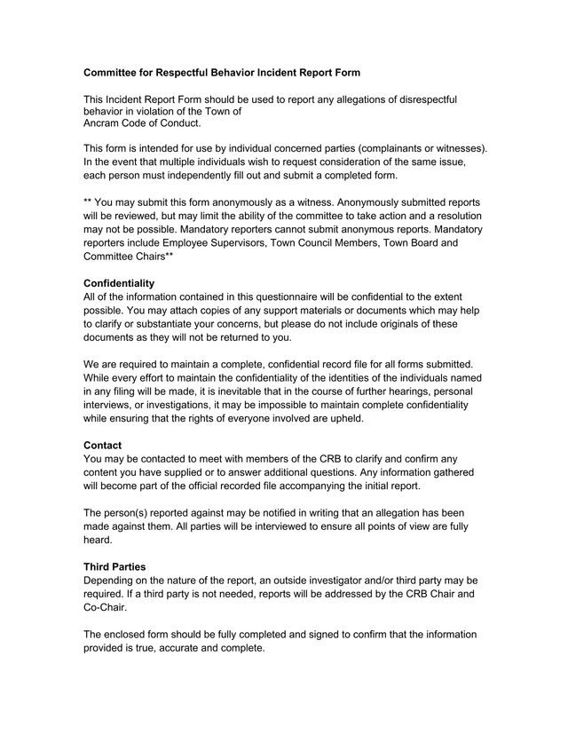 Committee For Respectful Behavior Incident Report Form screenshot