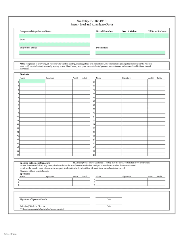 Roster, Meal And Attendance Form screenshot