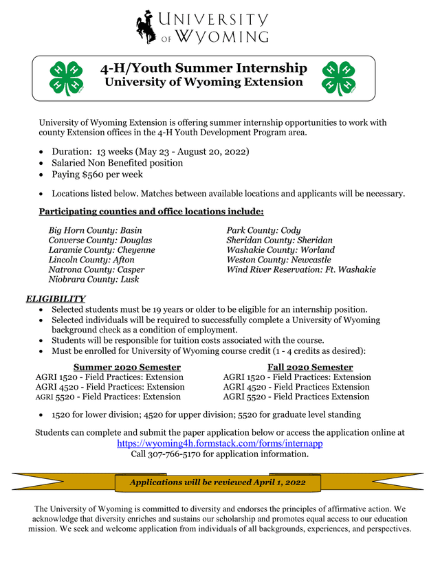 University Of Wyoming Summer 4 H Youth Development Internship screenshot
