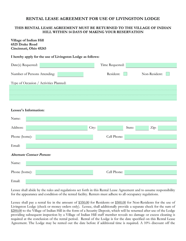 Rental Lease Agreement For Livingston Lodge screenshot