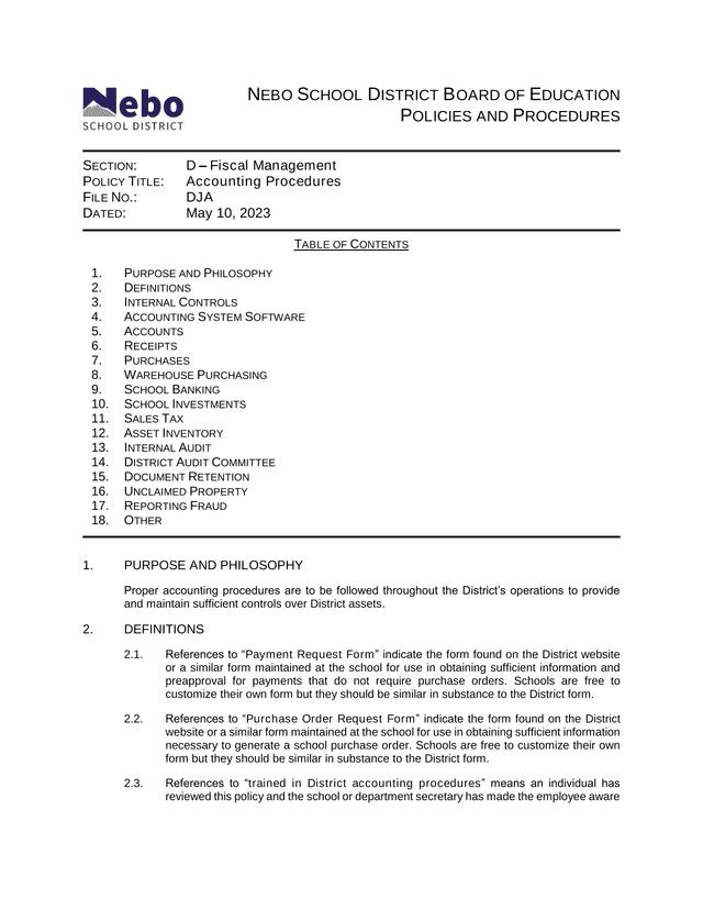 Nebo School District Board Of Education Accounting Procedures screenshot