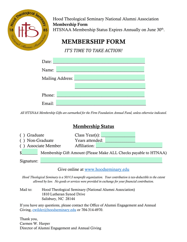 Hood Theological Seminary National Alumni Association Membership Form screenshot