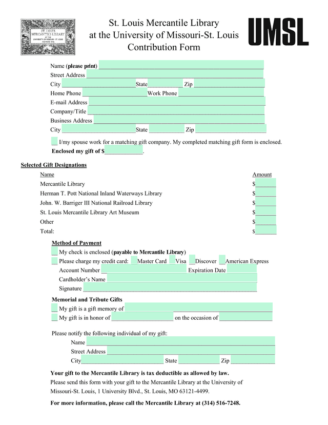 St. Louis Mercantile Library Contribution Form screenshot